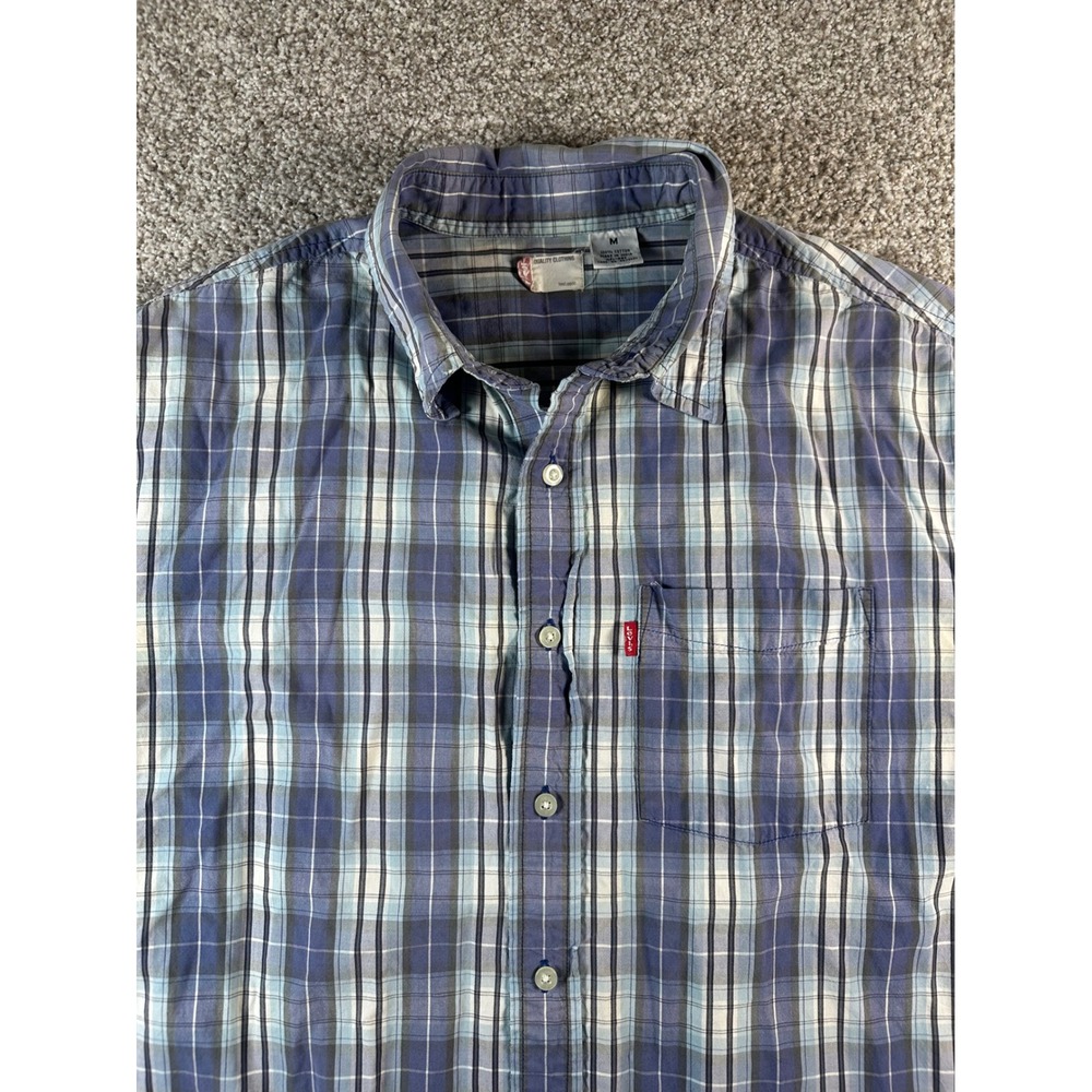 Levis Mens Medium Blue Plaid Short Sleeve Button Down Cotton Shirt WPL-423